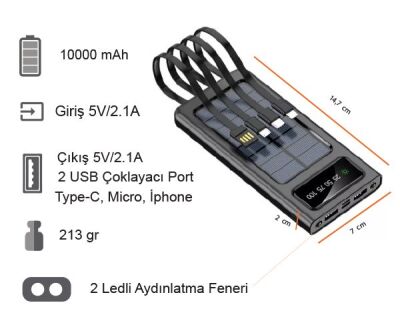 10000 mAh Güneş Enerjili (Dahili Kablolu) Powerbank K350 - 3