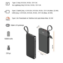 10000 mAh 22.5W Hızlı Sarjlı (Dahili Kablolu) Powerbank K440 - 2