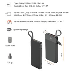 10000 mAh 22.5W Hızlı Sarjlı (Dahili Kablolu) Powerbank K440 - 