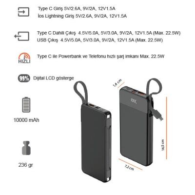 10000 mAh 22.5W Hızlı Sarjlı (Dahili Kablolu) Powerbank K440 - 1