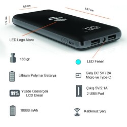 10000 mAh Işıklı Wireless Göstergeli Kauçuk Powerbank K300 - 3