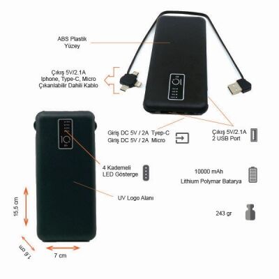 10000 mAh Powerbank (Dahili Kablolu) K420 - 3