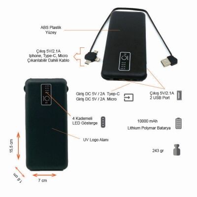 10000 mAh Powerbank (Dahili Kablolu) K420 - 5